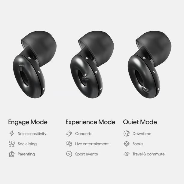 Loop Switch 2 earplugs showing all 3 modes: Engage, Experience, Quiet